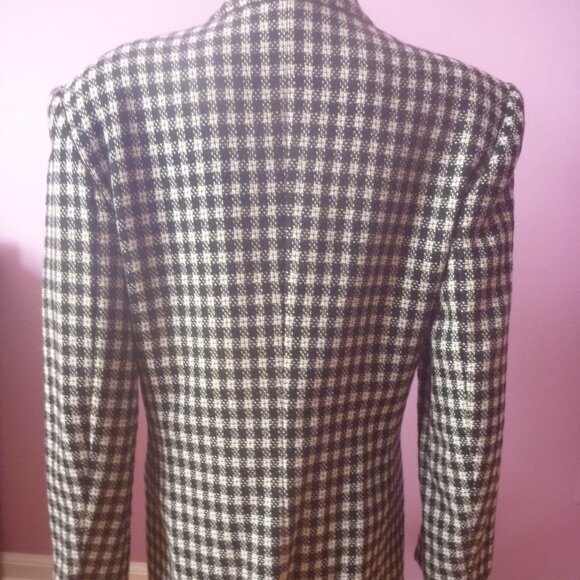 Jones New York Women 100% Pure Wool Black White Blazer 10 Checkered Lapel Single - Picture 10 of 16